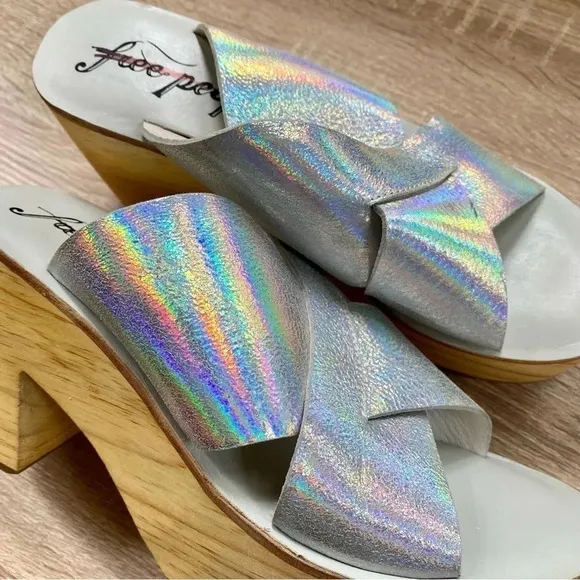 New Free People Kora Platform Clog Sandals Heel Silver Metallic Wood Brown