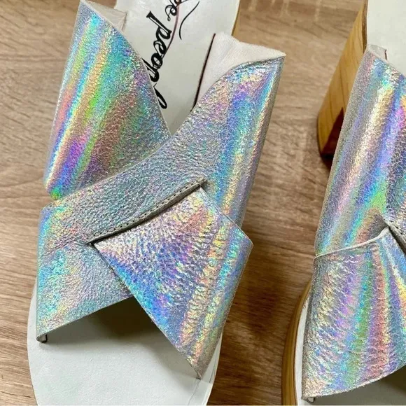 New Free People Kora Platform Clog Sandals Heel Silver Metallic Wood Brown