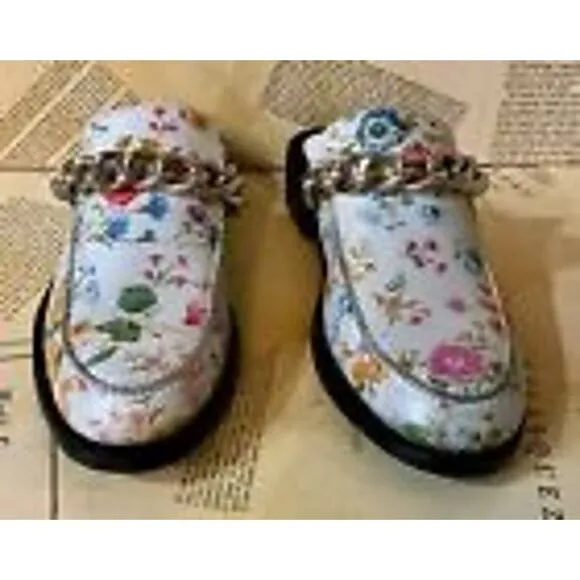 NEW-FreePeople Vida Mules Loafer Slip On Floral Leather Silver Chain 7.5 Ret$108