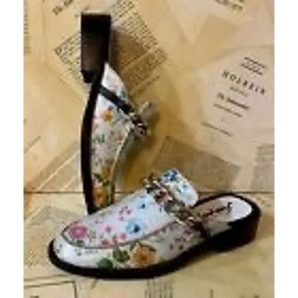 NEW-FreePeople Vida Mules Loafer Slip On Floral Leather Silver Chain 7.5 Ret$108