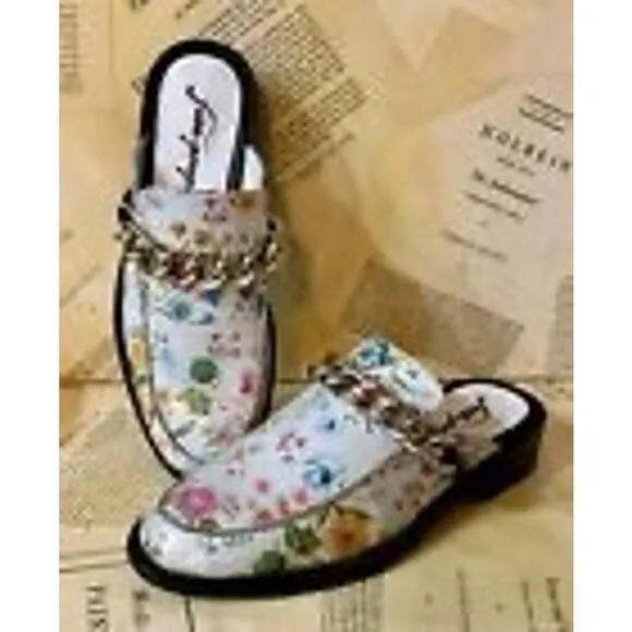 NEW-FreePeople Vida Mules Loafer Slip On Floral Leather Silver Chain 7.5 Ret$108