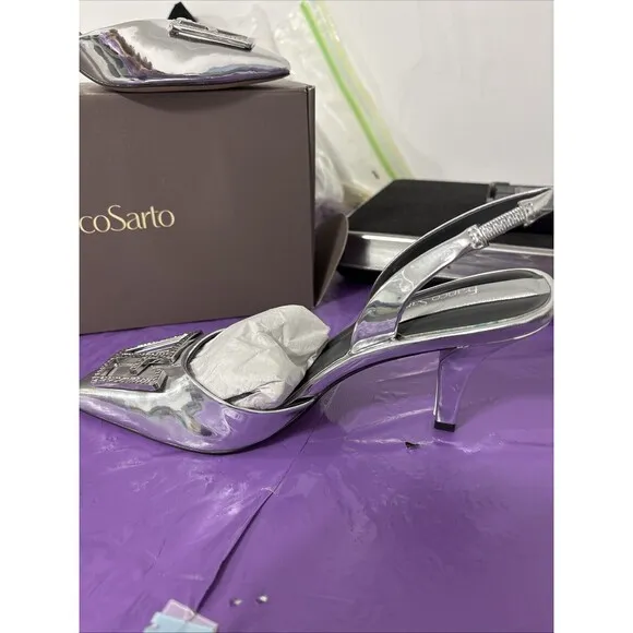 New In Box Franco Sarto Leigha Slingback Heel Sz 7 Silver Stunning Event