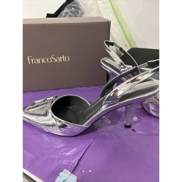 New In Box Franco Sarto Leigha Slingback Heel Sz 7 Silver Stunning Event