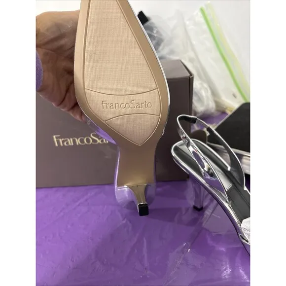 New In Box Franco Sarto Leigha Slingback Heel Sz 7 Silver Stunning Event