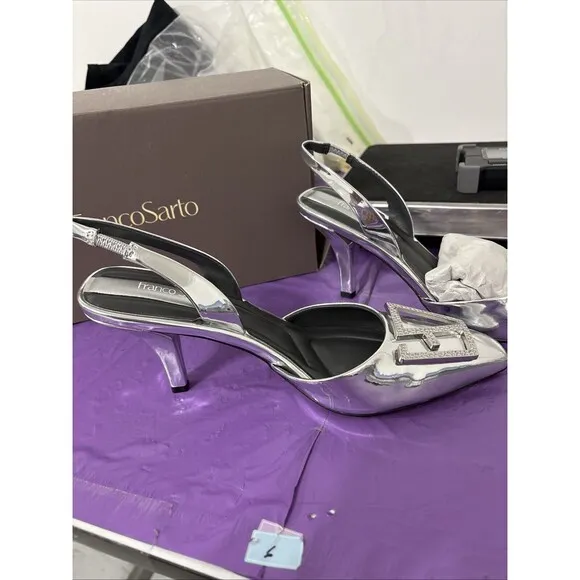 New In Box Franco Sarto Leigha Slingback Heel Sz 7 Silver Stunning Event