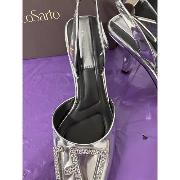 New In Box Franco Sarto Leigha Slingback Heel Sz 7 Silver Stunning Event