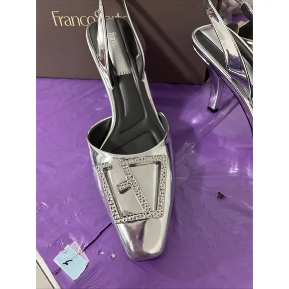 New In Box Franco Sarto Leigha Slingback Heel Sz 7 Silver Stunning Event