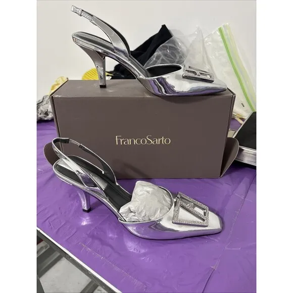New In Box Franco Sarto Leigha Slingback Heel Sz 7 Silver Stunning Event