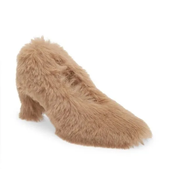 New Jeffrey Campbell Fluff MF Faux Fur Block Heel Mules Furry Beige Sz 5.5