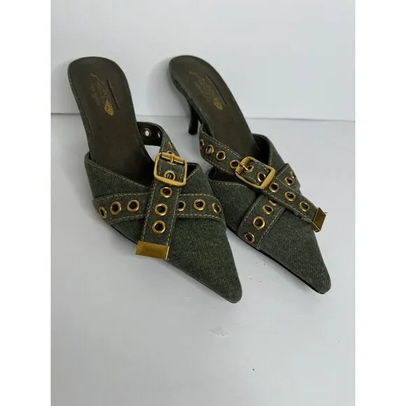 NEW Jeffrey Campbell X Free People Nimes Denim Buckle Heels Mules Green Size 7