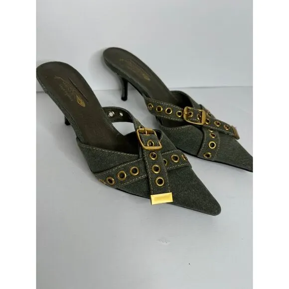 NEW Jeffrey Campbell X Free People Nimes Denim Buckle Heels Mules Green Size 7