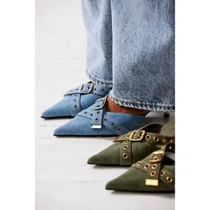 NEW Jeffrey Campbell X Free People Nimes Denim Buckle Heels Mules Green Size 7