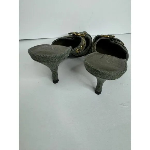 NEW Jeffrey Campbell X Free People Nimes Denim Buckle Heels Mules Green Size 7