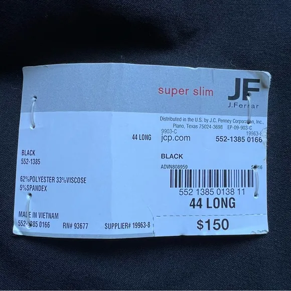 NEW JF J.Ferrar Sz 44L Long Super Slim Fit Suit Jacket Blazer Black Business