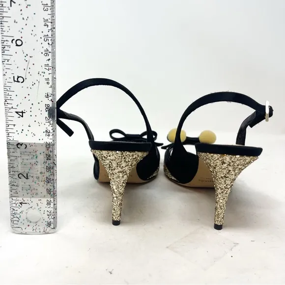 NEW Kate Spade Black Satin Gold Glitter Slingback Heels bow size 8.5