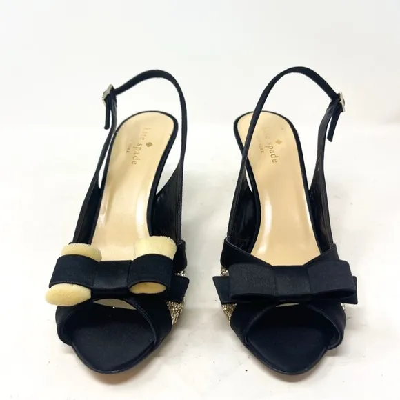 NEW Kate Spade Black Satin Gold Glitter Slingback Heels bow size 8.5