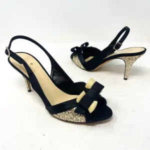 NEW Kate Spade Black Satin Gold Glitter Slingback Heels bow size 8.5