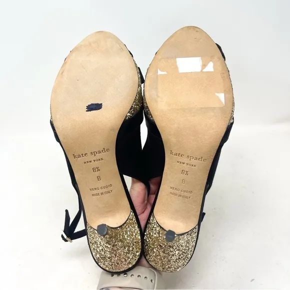 NEW Kate Spade Black Satin Gold Glitter Slingback Heels bow size 8.5