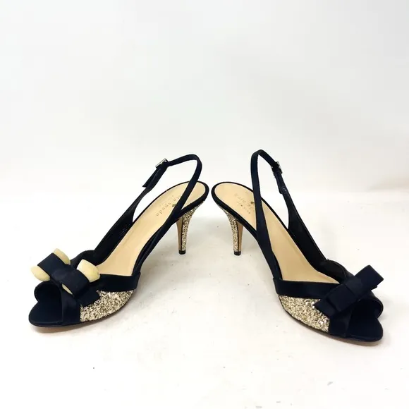 NEW Kate Spade Black Satin Gold Glitter Slingback Heels bow size 8.5