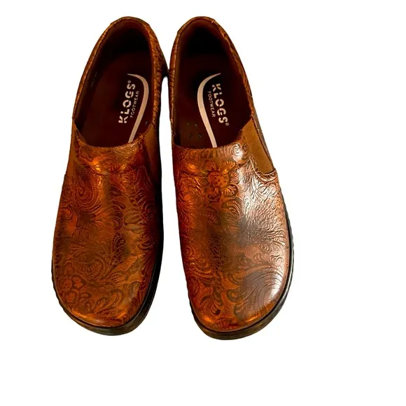 New Klogs Footwear Naples Brown Tooled Leather Slip-Ons, size 9 Wide