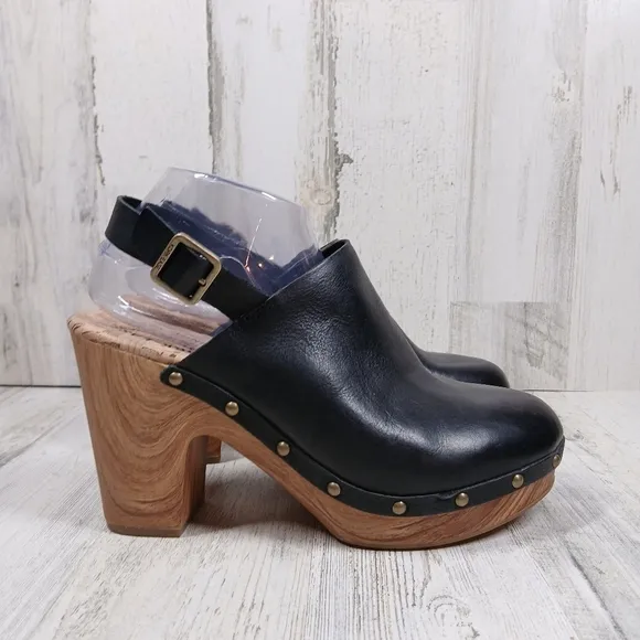 New Kork Ease Darby Black Leather Studded Slingback Block Heel Clogs #857