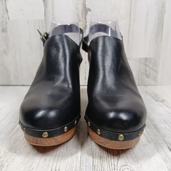 New Kork Ease Darby Black Leather Studded Slingback Block Heel Clogs #857