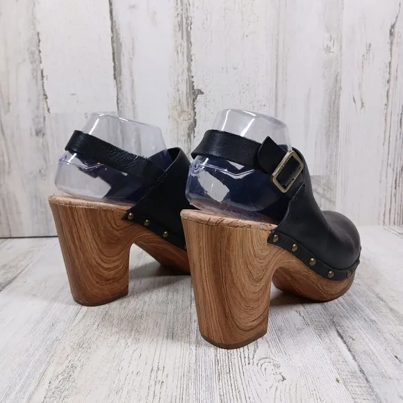 New Kork Ease Darby Black Leather Studded Slingback Block Heel Clogs #857