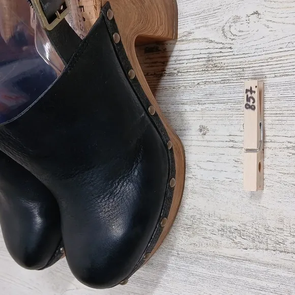 New Kork Ease Darby Black Leather Studded Slingback Block Heel Clogs #857