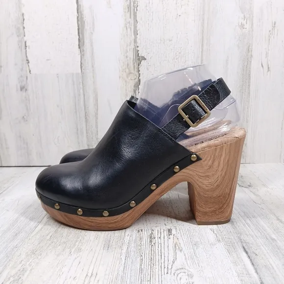 New Kork Ease Darby Black Leather Studded Slingback Block Heel Clogs #857
