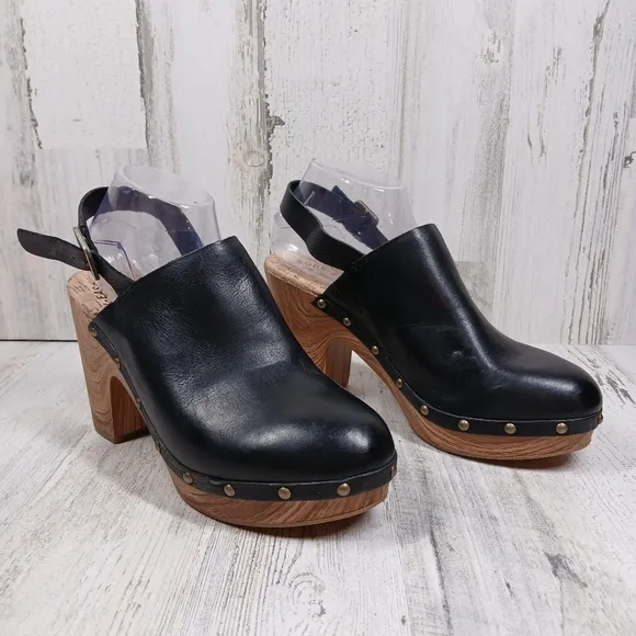 New Kork Ease Darby Black Leather Studded Slingback Block Heel Clogs #857