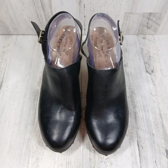 New Kork Ease Darby Black Leather Studded Slingback Block Heel Clogs #857