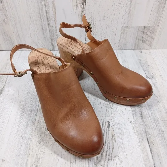 New Kork Ease Darby Brown Leather Studded Slingback Block Heel Clogs #1448