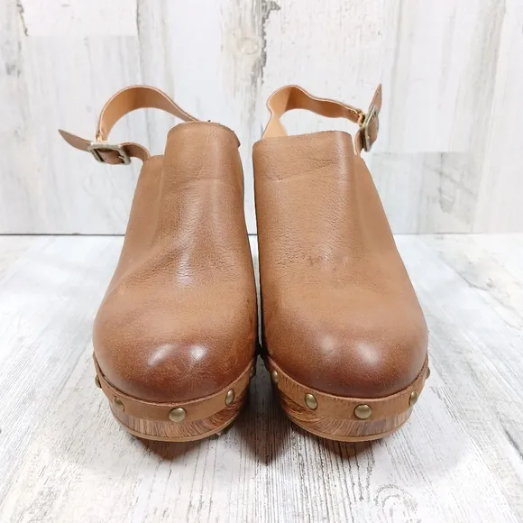New Kork Ease Darby Brown Leather Studded Slingback Block Heel Clogs #1448