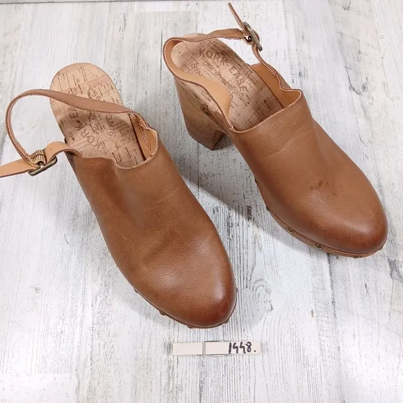 New Kork Ease Darby Brown Leather Studded Slingback Block Heel Clogs #1448