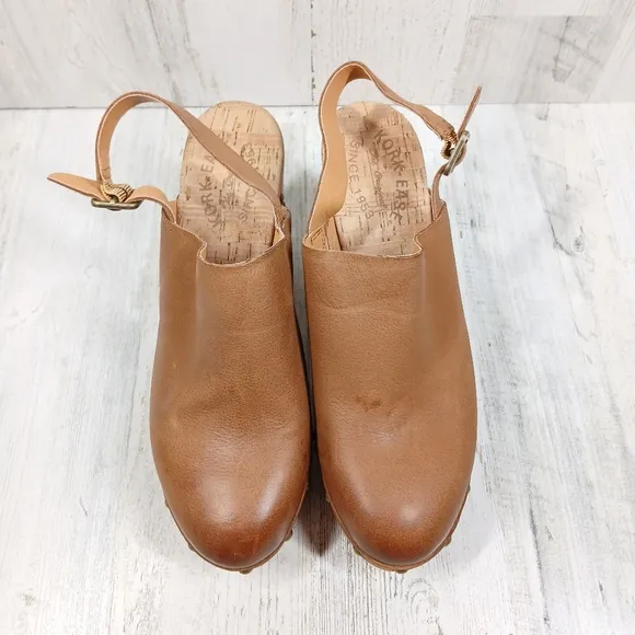 New Kork Ease Darby Brown Leather Studded Slingback Block Heel Clogs #1448