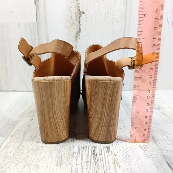 New Kork Ease Darby Brown Leather Studded Slingback Block Heel Clogs #1448