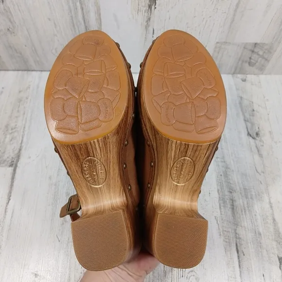 New Kork Ease Darby Brown Leather Studded Slingback Block Heel Clogs #1448