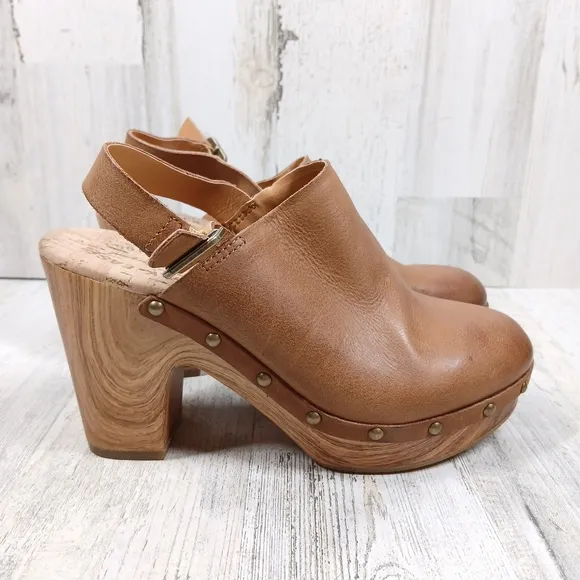New Kork Ease Darby Brown Leather Studded Slingback Block Heel Clogs #1448