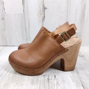 New Kork Ease Darby Brown Leather Studded Slingback Block Heel Clogs #1448