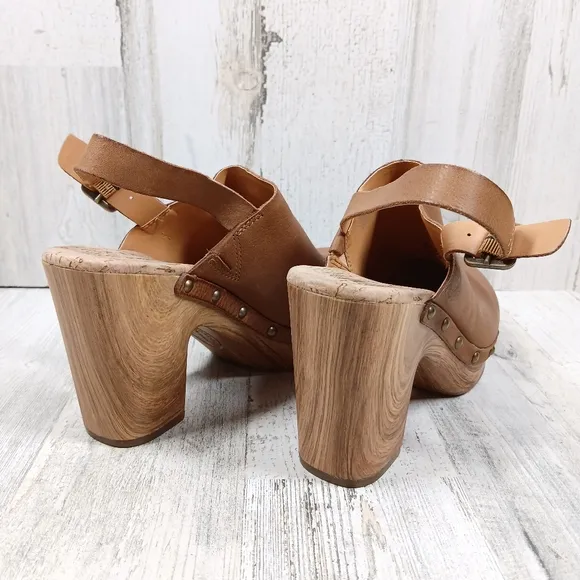 New Kork Ease Darby Brown Leather Studded Slingback Block Heel Clogs #1448