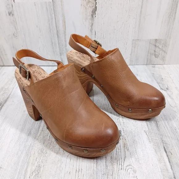 NEW Kork Ease Darby Brown Leather Studded Slingback Block Heel Clogs #874