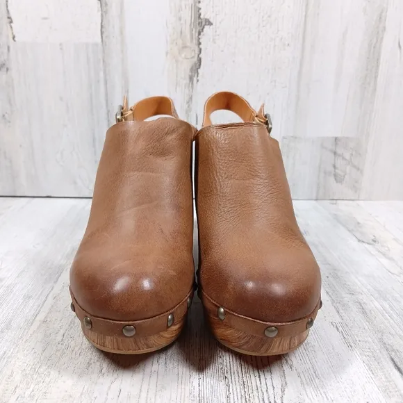 NEW Kork Ease Darby Brown Leather Studded Slingback Block Heel Clogs #874