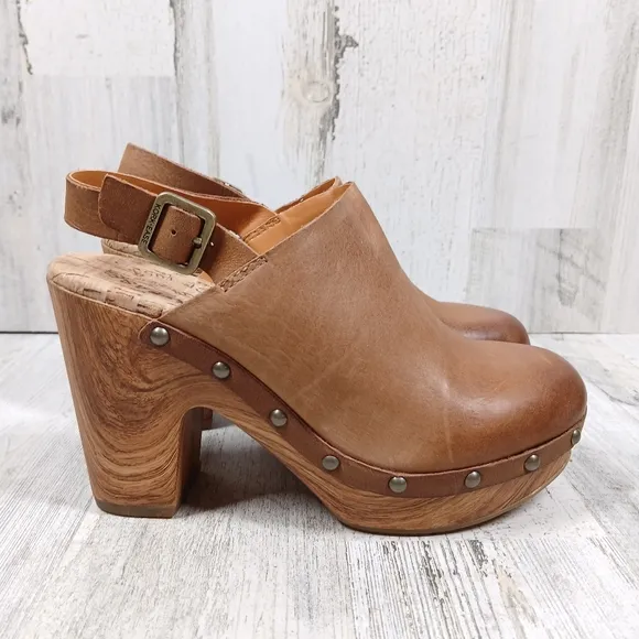 NEW Kork Ease Darby Brown Leather Studded Slingback Block Heel Clogs #874