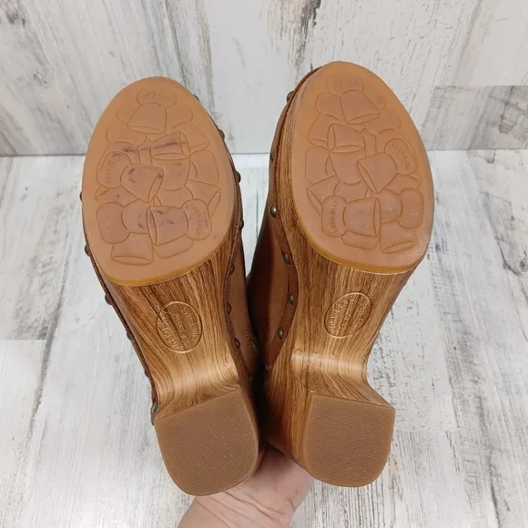 NEW Kork Ease Darby Brown Leather Studded Slingback Block Heel Clogs #874