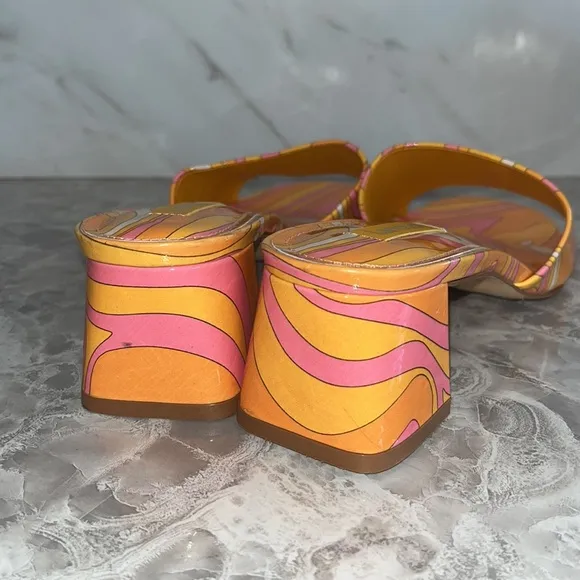 NEW Larroude Brigitte patent Leather orange printed block heel mules sz 6