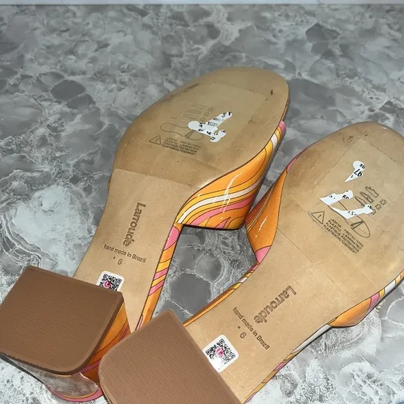 NEW Larroude Brigitte patent Leather orange printed block heel mules sz 6