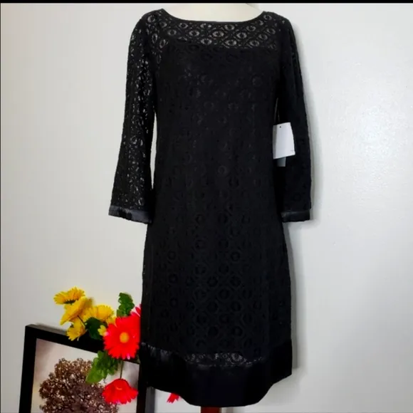 NEW Laundry by Shelli Segal Black Medallion Lace Dress Slip Classic Summer Chic