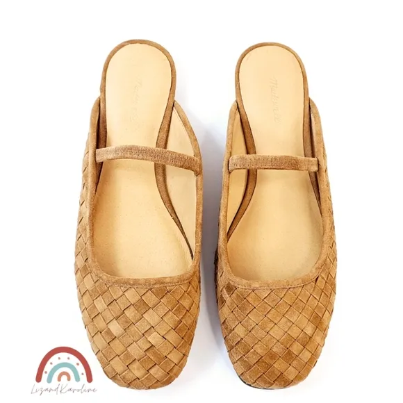 New! Madewell The Greta Ballet Flat Woven Leather Suede Mule in Warm Hickory 8
