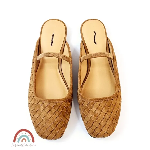 New! Madewell The Greta Ballet Flat Woven Leather Suede Mule in Warm Hickory 9