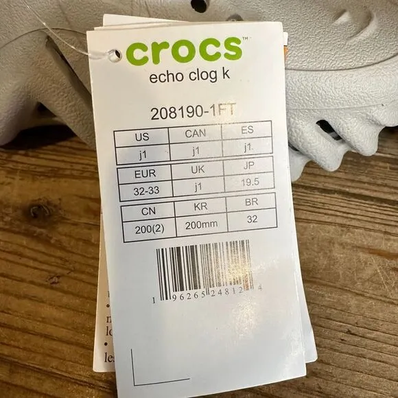 New NWT Big Kids Crocs‎ Echo Gray Comfort Clogs Sandals Shoes Size 1 Y